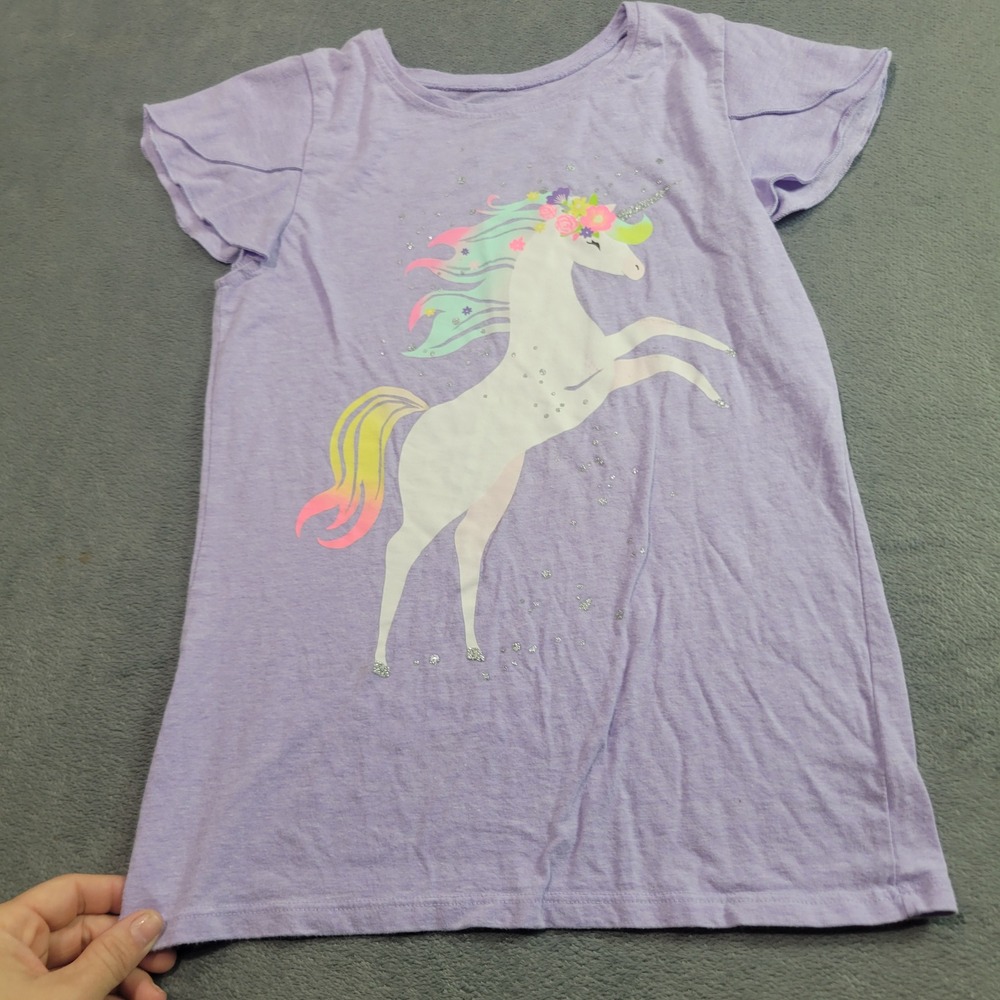 Jumping Beans T-Shirt Girls 8 Purple Unicorn Flutter Sleeve Glitter Graphic Tee‎